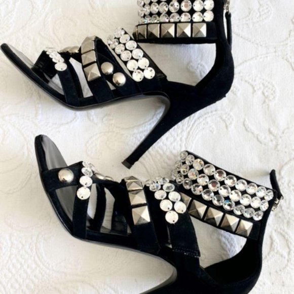 Giuseppe Zanotti x Balmain Black Suede Rhinestone Evening Sandals Heels - Picture 6 of 10